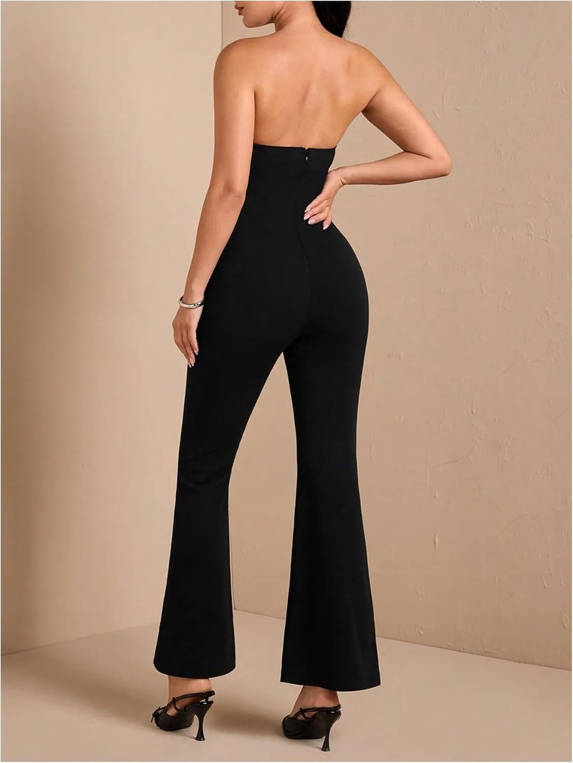 WDIRARA Women's Bow Knot Strapless Sleeveless Flare Jumpsuit Bell Bottom Pants Romper