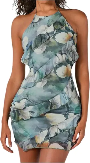 WDIRARA Women's Floral Ruffle Bodycon Mini Dress Sleeveless Tie Backless Halter Dresses