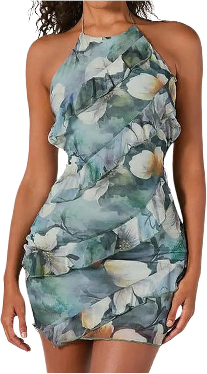 WDIRARA Women's Floral Ruffle Bodycon Mini Dress Sleeveless Tie Backless Halter Dresses