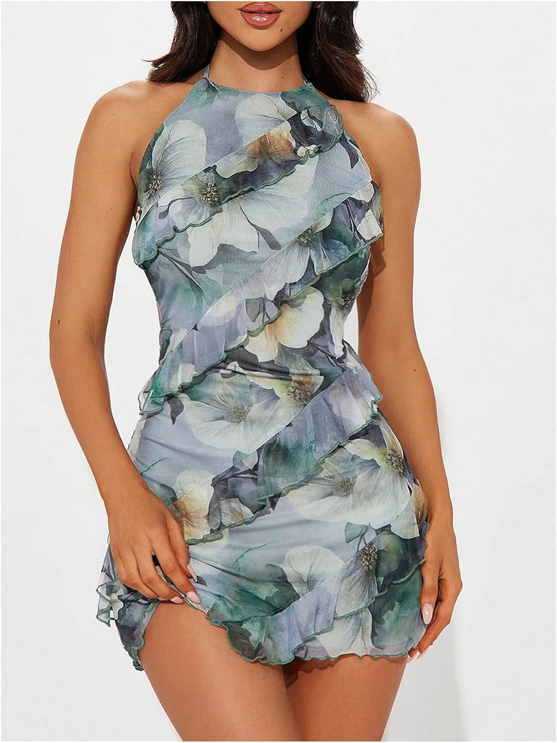 WDIRARA Women's Floral Ruffle Bodycon Mini Dress Sleeveless Tie Backless Halter Dresses