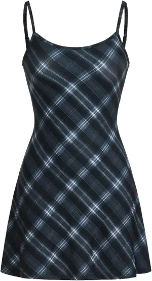 WDIRARA Women's Plaid Spaghetti Strap Cami Dress Sleeveless Flared Hem Mini Dress