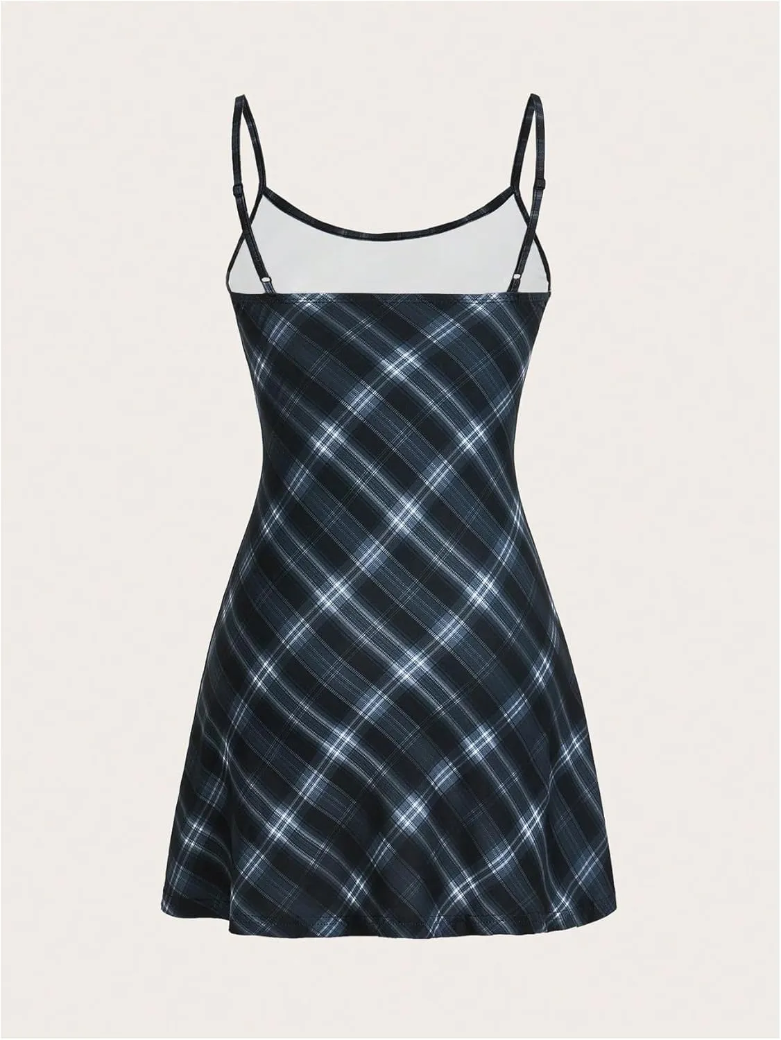 WDIRARA Women's Plaid Spaghetti Strap Cami Dress Sleeveless Flared Hem Mini Dress