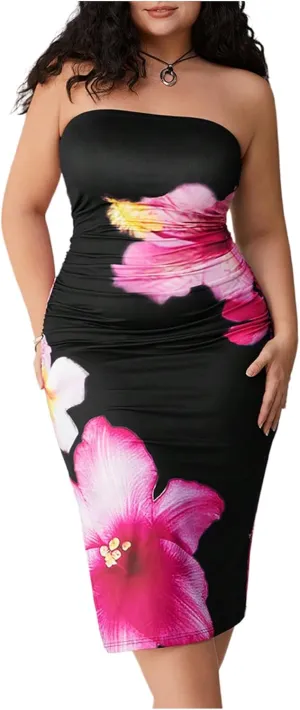 WDIRARA Women's Plus Size Floral Bodycon Midi Dress Ruched Slit Strapless Tube Dresses