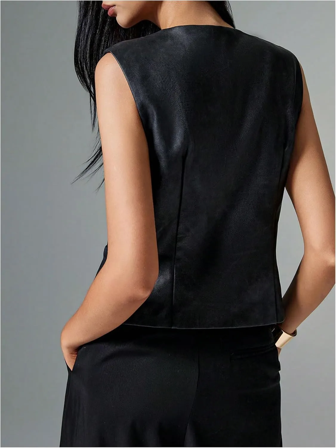 WDIRARA Women's PU Leather Blazer Vest Button Down V Neck Sleeveless Waistcoat Suit Vest Top