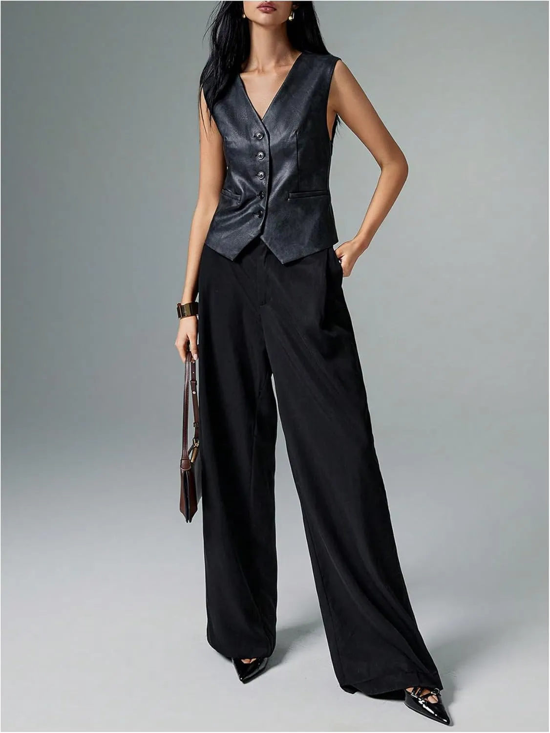 WDIRARA Women's PU Leather Blazer Vest Button Down V Neck Sleeveless Waistcoat Suit Vest Top