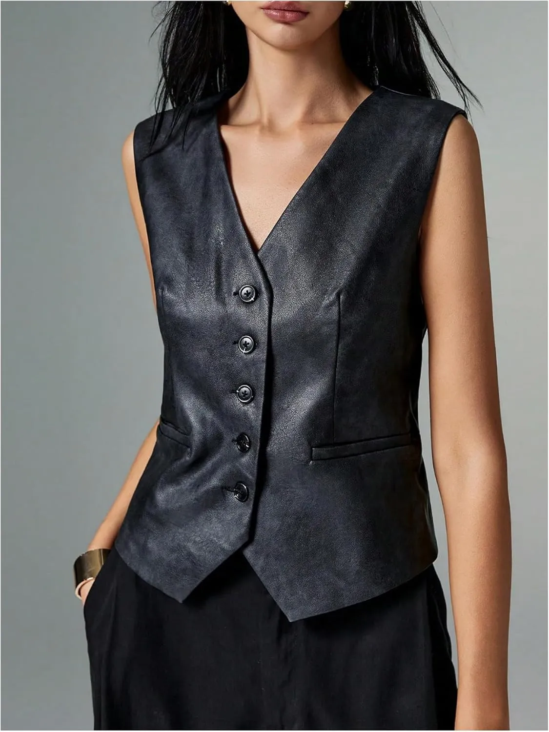 WDIRARA Women's PU Leather Blazer Vest Button Down V Neck Sleeveless Waistcoat Suit Vest Top