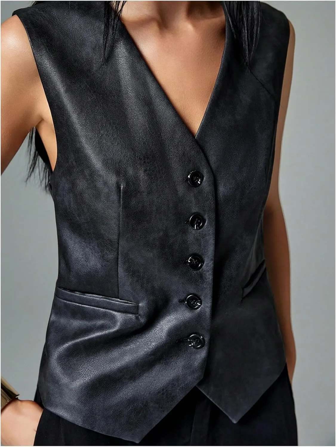 WDIRARA Women's PU Leather Blazer Vest Button Down V Neck Sleeveless Waistcoat Suit Vest Top