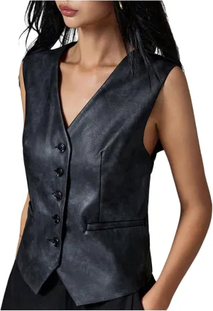 WDIRARA Women's PU Leather Blazer Vest Button Down V Neck Sleeveless Waistcoat Suit Vest Top