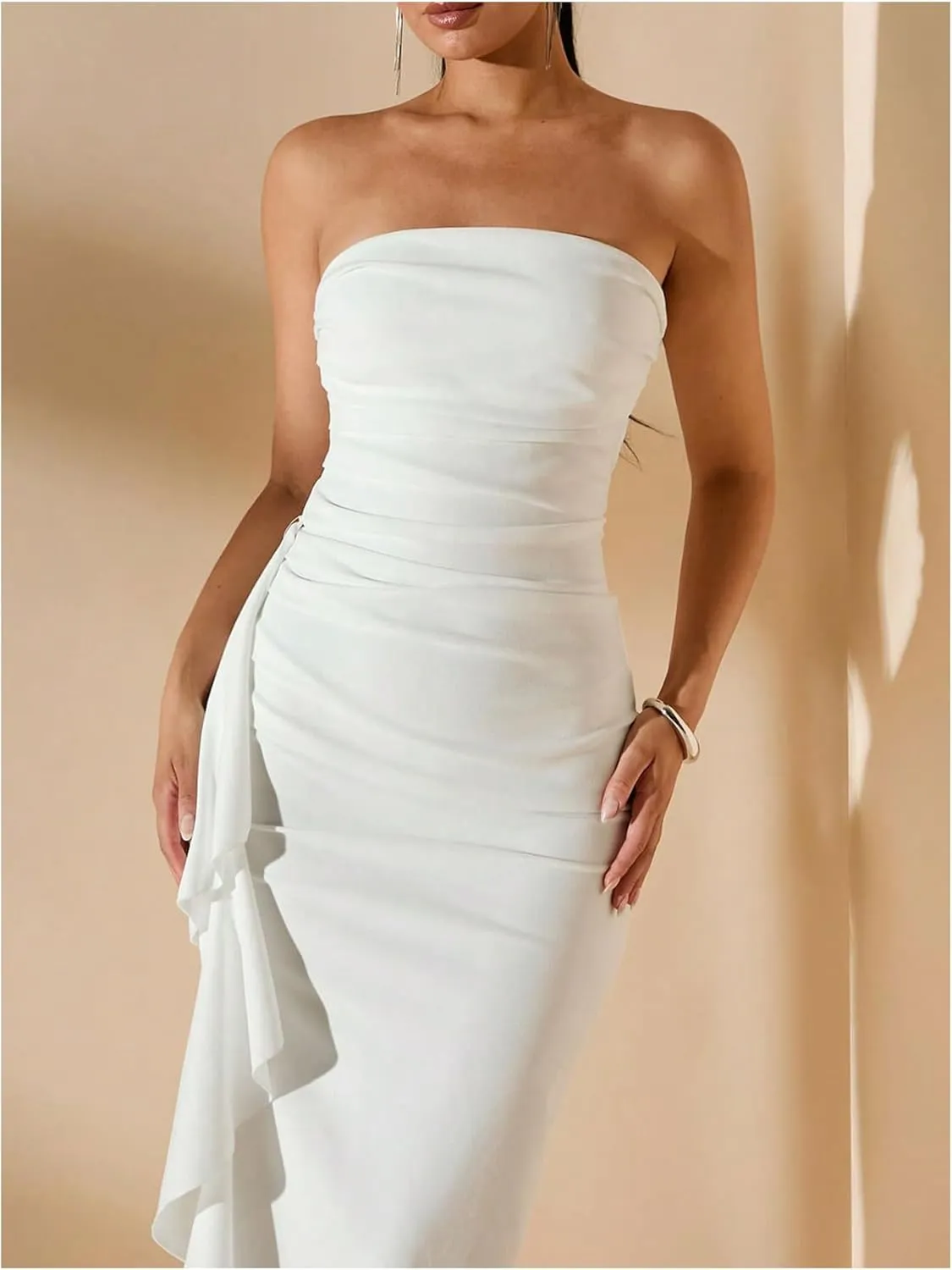 WDIRARA Women's Ruffle High Split Strapless Bodycon Dress Cocktail Wedding Party Maxi Dresses