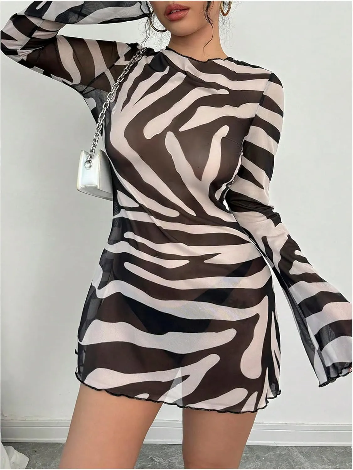 WDIRARA Women's Zebra Striped Backless Mesh Sheer Mini Dress Long Bell Sleeve Y2k Dresses