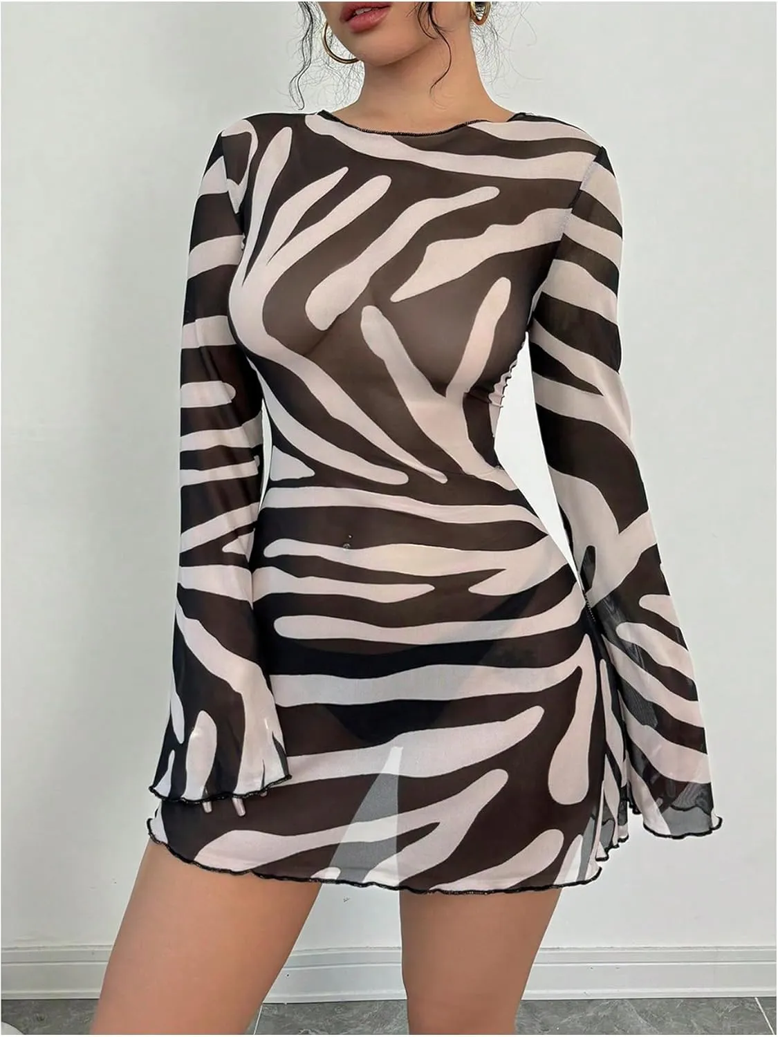 WDIRARA Women's Zebra Striped Backless Mesh Sheer Mini Dress Long Bell Sleeve Y2k Dresses