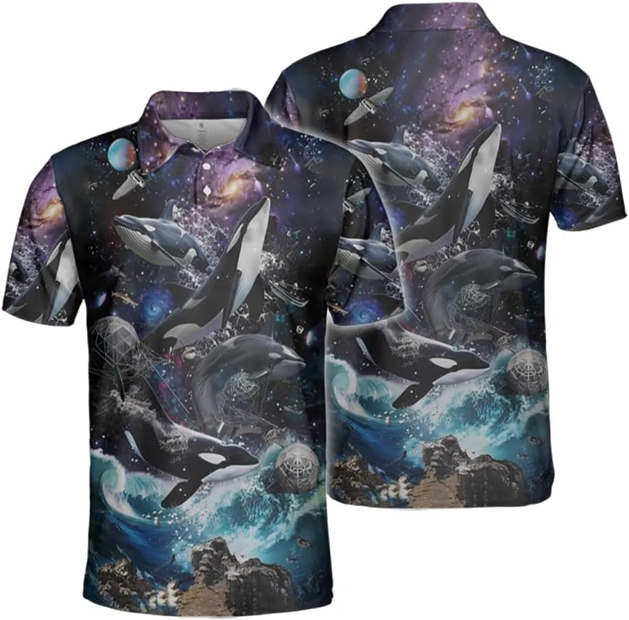 Whale Polo Shirts for Men - Marine Stylish Mens Goft Shirt Casual Short Sleeve Button Down Outfit Set 18