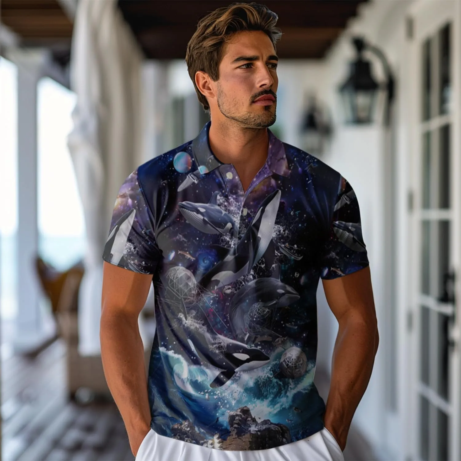 Whale Polo Shirts for Men - Marine Stylish Mens Goft Shirt Casual Short Sleeve Button Down Outfit Set 18