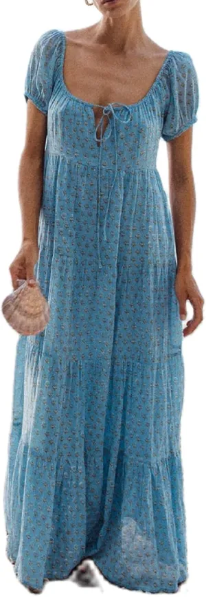 Woman Floral Puff Sleeve Maxi Dress Square Neck Ruffle Flowy Long Dresses Boho Tiered A Line Summer Sundress