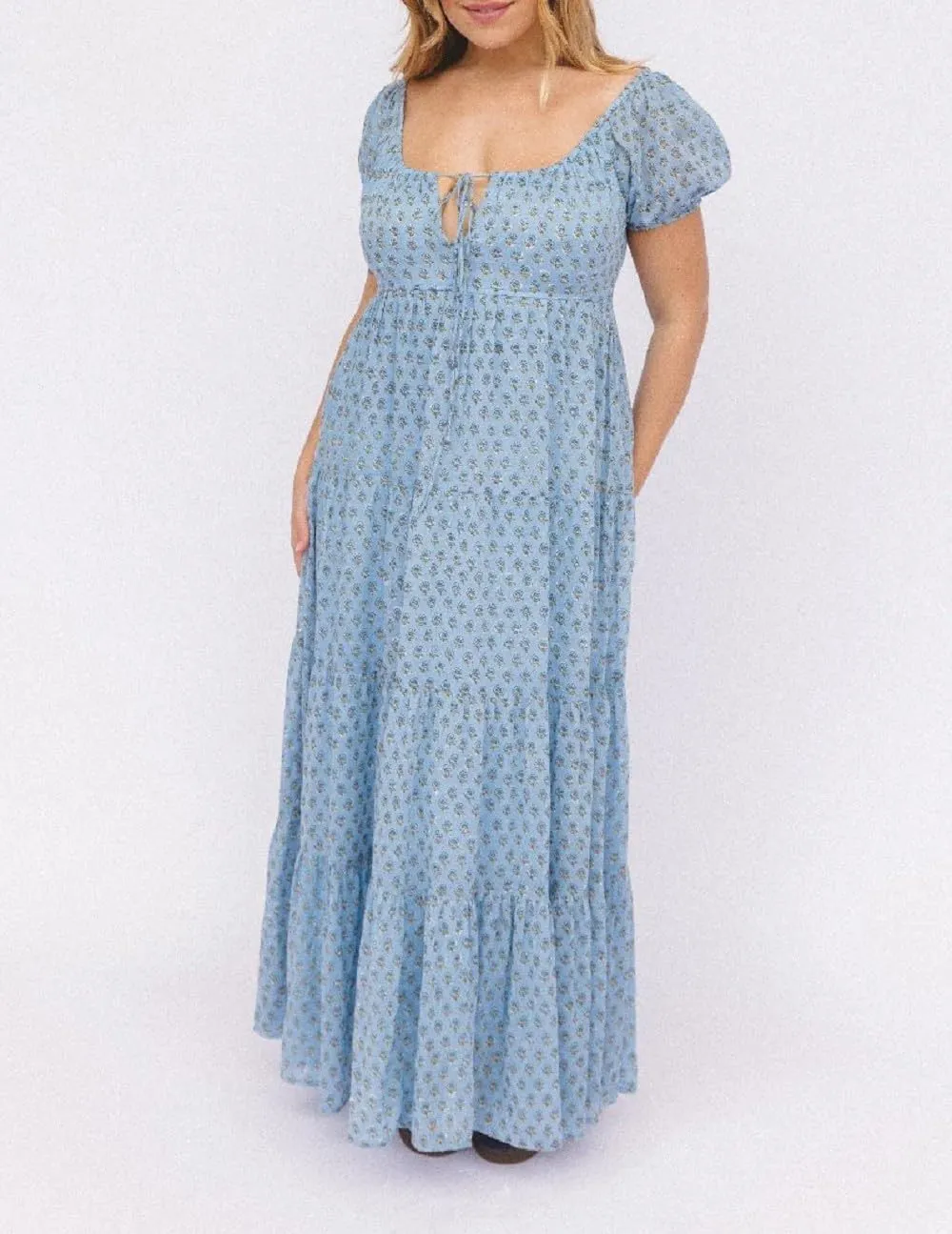 Woman Floral Puff Sleeve Maxi Dress Square Neck Ruffle Flowy Long Dresses Boho Tiered A Line Summer Sundress
