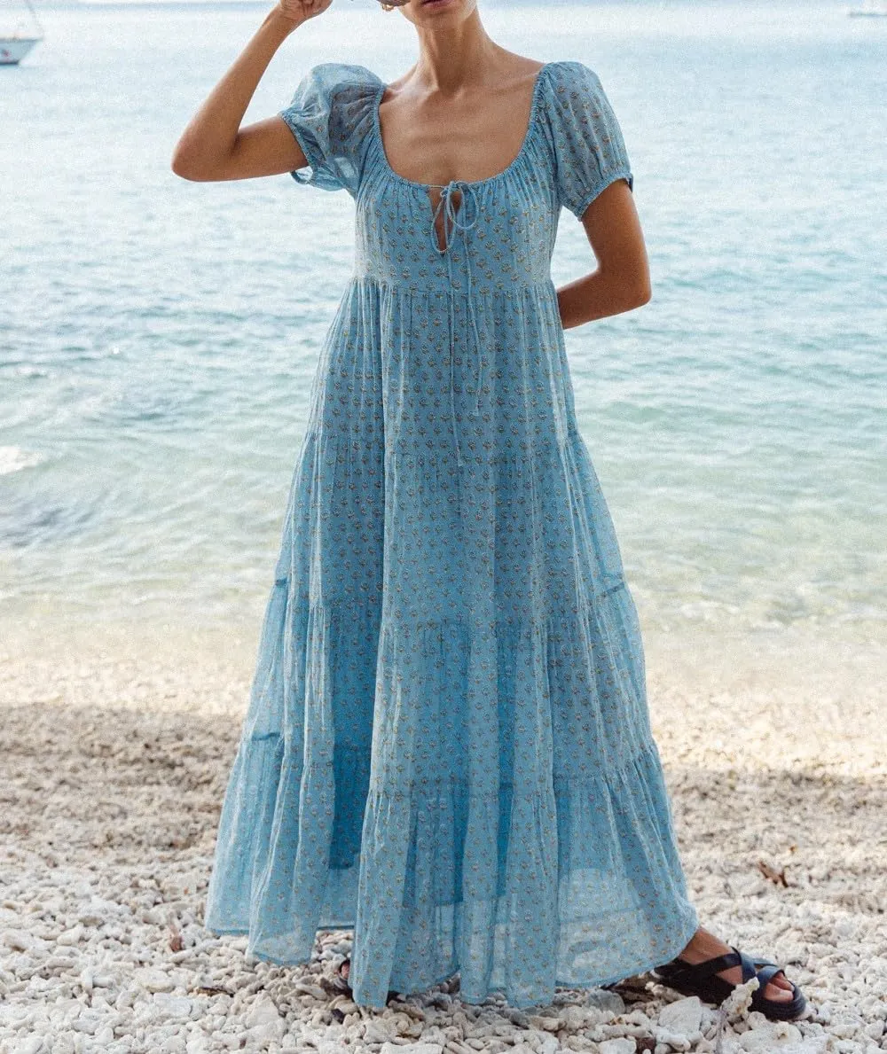 Woman Floral Puff Sleeve Maxi Dress Square Neck Ruffle Flowy Long Dresses Boho Tiered A Line Summer Sundress