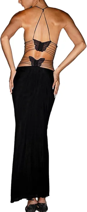 Women Backless Butterfly Dress Sexy V Neck Sleeveless Open Back Maxi Dress Party Cocktail Bodycon Long Dress