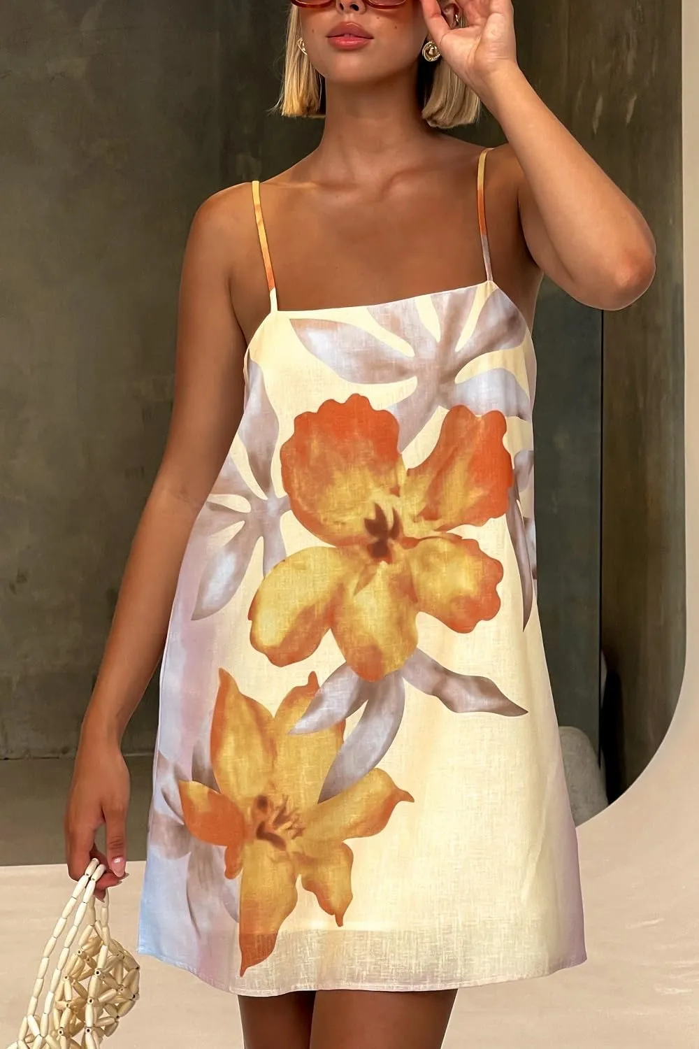 Women Boho Floral Mini Cami Dress Spaghetti Strap Flowy Sling Dress Graphic Backless Summer Holiday Sundress