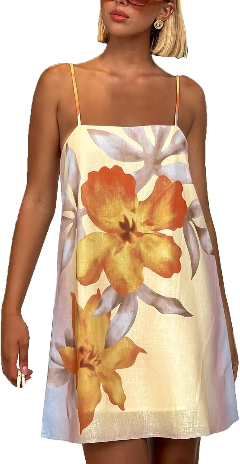 Women Boho Floral Mini Cami Dress Spaghetti Strap Flowy Sling Dress Graphic Backless Summer Holiday Sundress