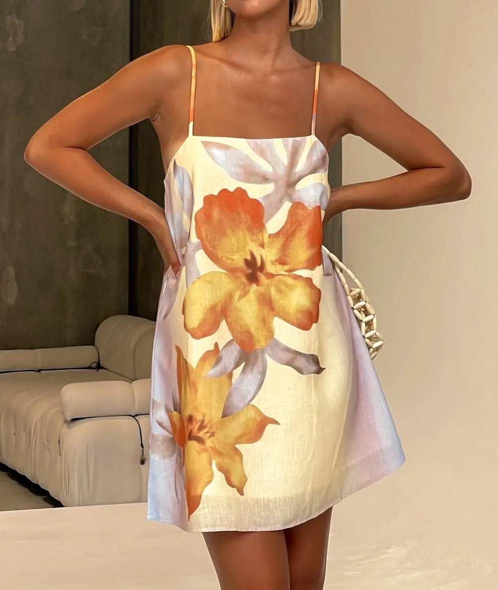 Women Boho Floral Mini Cami Dress Spaghetti Strap Flowy Sling Dress Graphic Backless Summer Holiday Sundress
