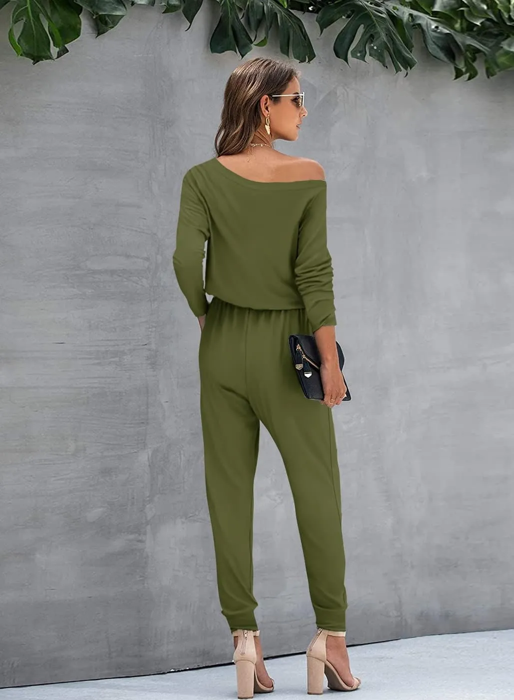Women Casual Jumpsuits Loose Fit Off Shoulder Long Sleeve Elastic Waist Stretchy Long Rompers Jumpsuit with Pockets