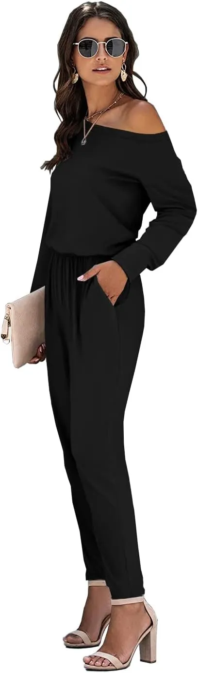 Women Casual Jumpsuits Loose Fit Off Shoulder Long Sleeve Elastic Waist Stretchy Long Rompers Jumpsuit with Pockets
