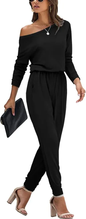 Women Casual Jumpsuits Loose Fit Off Shoulder Long Sleeve Elastic Waist Stretchy Long Rompers Jumpsuit with Pockets