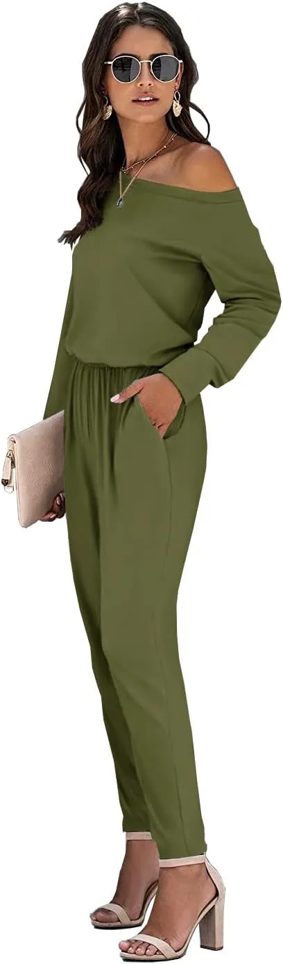 Women Casual Jumpsuits Loose Fit Off Shoulder Long Sleeve Elastic Waist Stretchy Long Rompers Jumpsuit with Pockets