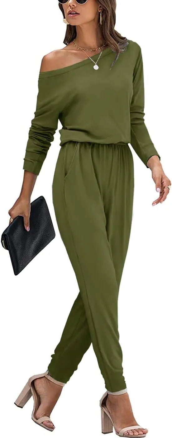 Women Casual Jumpsuits Loose Fit Off Shoulder Long Sleeve Elastic Waist Stretchy Long Rompers Jumpsuit with Pockets