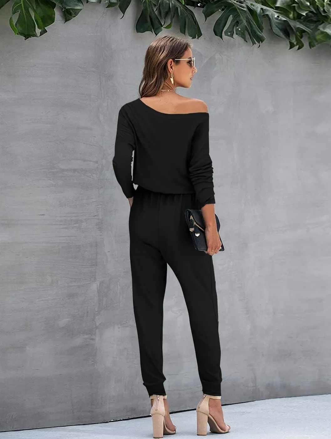 Women Casual Jumpsuits Loose Fit Off Shoulder Long Sleeve Elastic Waist Stretchy Long Rompers Jumpsuit with Pockets