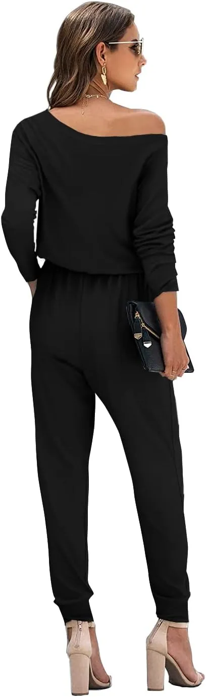 Women Casual Jumpsuits Loose Fit Off Shoulder Long Sleeve Elastic Waist Stretchy Long Rompers Jumpsuit with Pockets