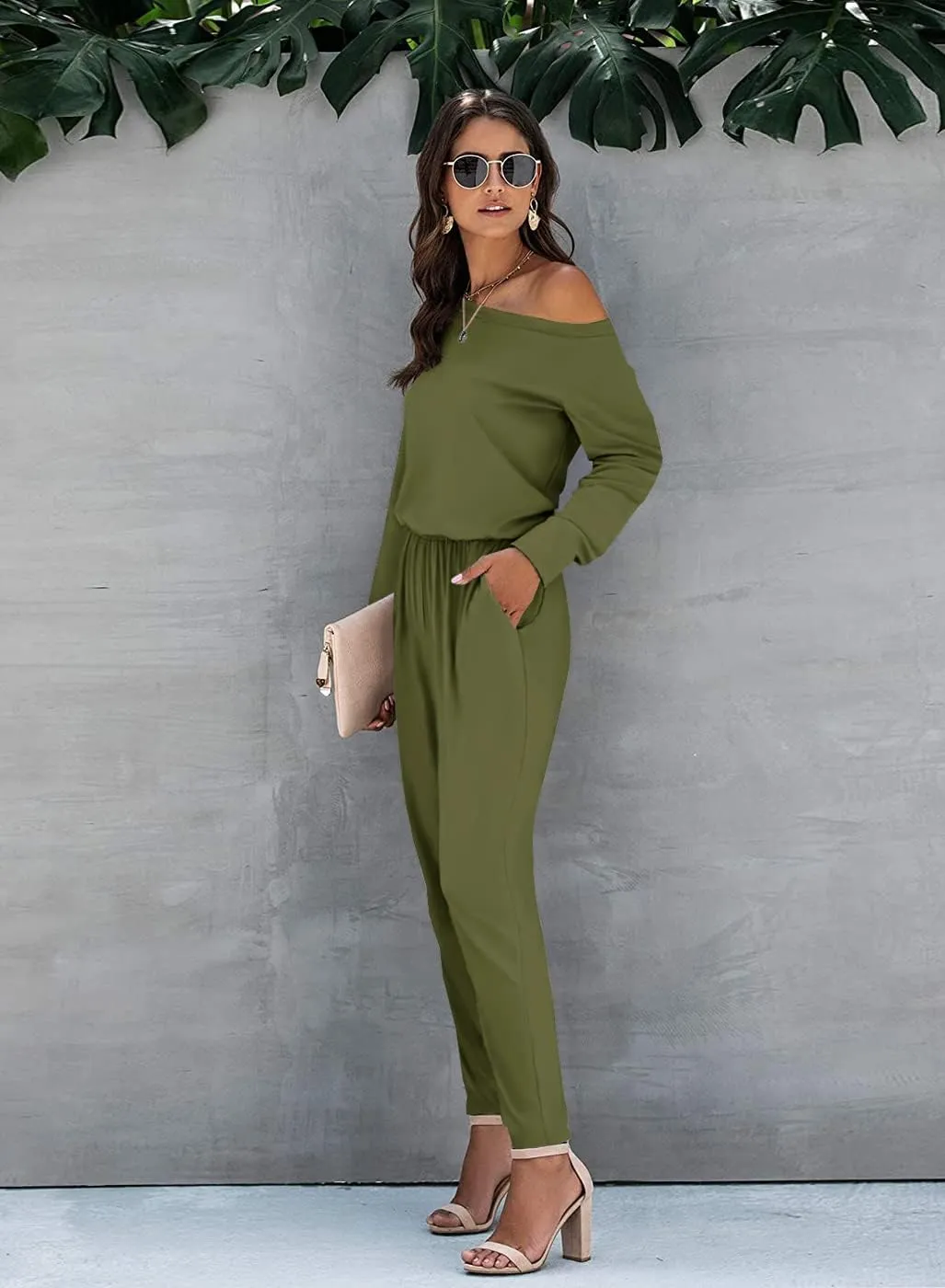Women Casual Jumpsuits Loose Fit Off Shoulder Long Sleeve Elastic Waist Stretchy Long Rompers Jumpsuit with Pockets