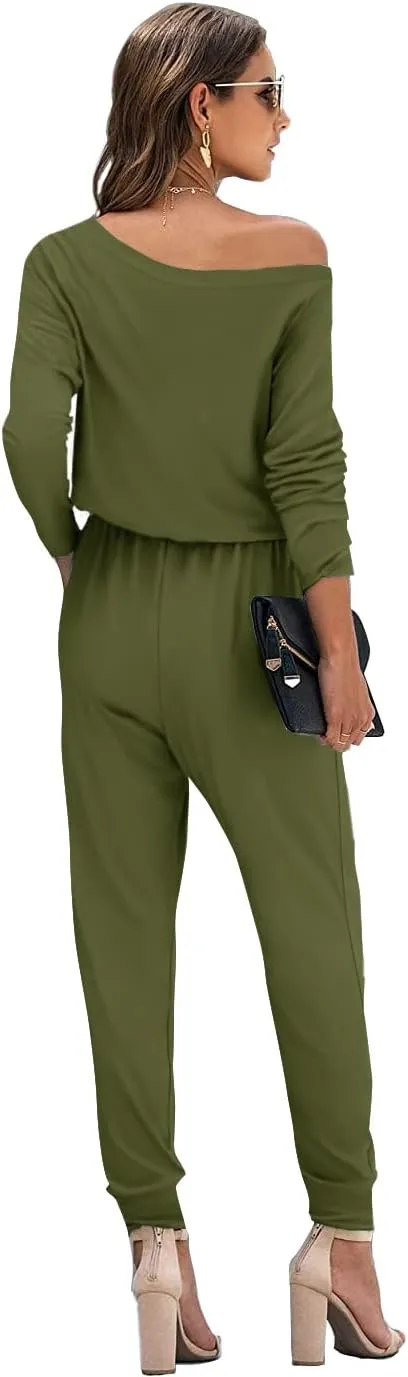 Women Casual Jumpsuits Loose Fit Off Shoulder Long Sleeve Elastic Waist Stretchy Long Rompers Jumpsuit with Pockets