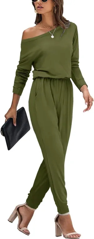 Women Casual Jumpsuits Loose Fit Off Shoulder Long Sleeve Elastic Waist Stretchy Long Rompers Jumpsuit with Pockets