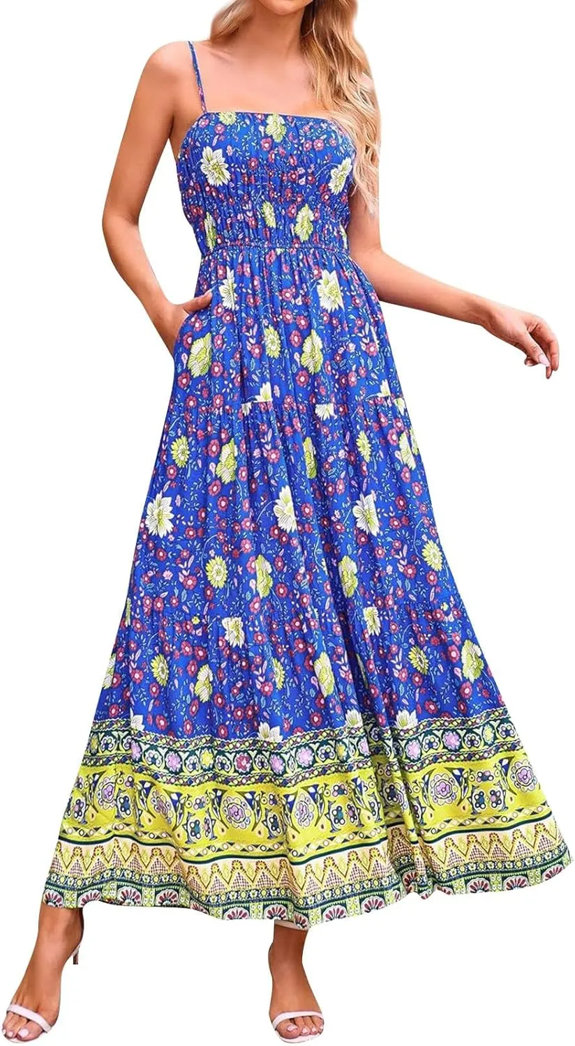 Women Cute Print Maxi Cami Dress Loose Sleeveless Spaghetti Strap Boho Dress Flowy Graffiti Long Aline Sun Dress