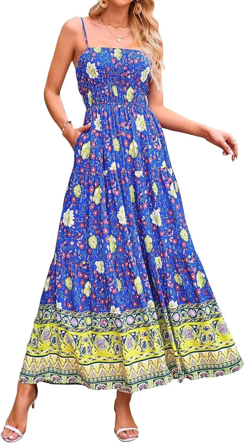 Women Cute Print Maxi Cami Dress Loose Sleeveless Spaghetti Strap Boho Dress Flowy Graffiti Long Aline Sun Dress
