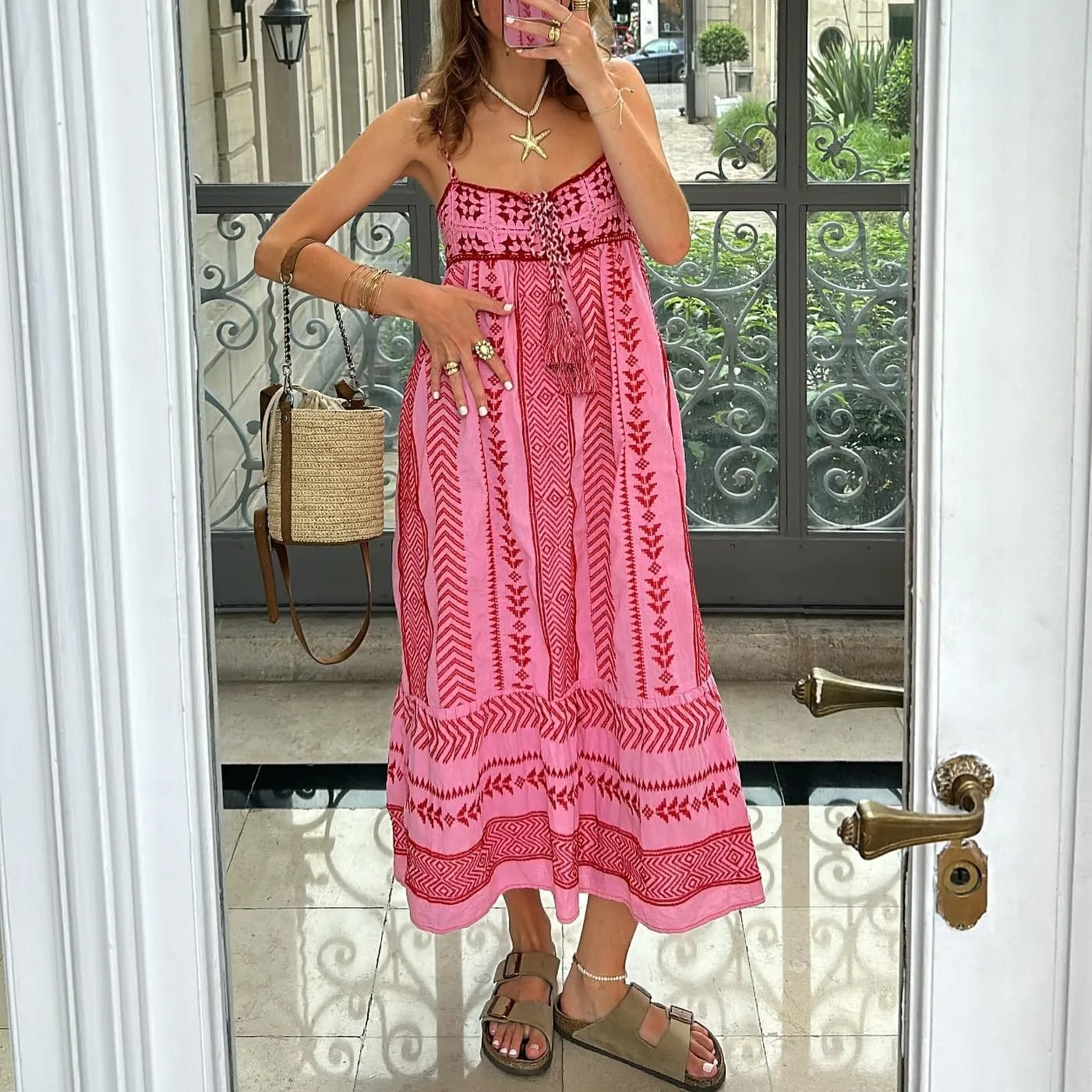 Women Floral Boho Maxi Dress Tie Shoulder Flowy Swing Smocked Dress Summer Backless Long Sundress
