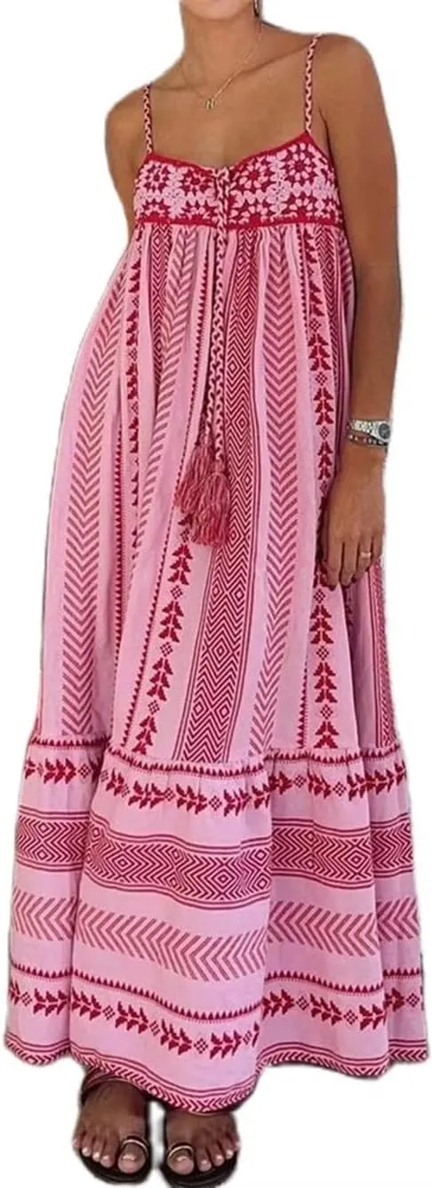 Women Floral Boho Maxi Dress Tie Shoulder Flowy Swing Smocked Dress Summer Backless Long Sundress