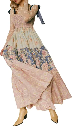 Women Floral Boho Maxi Dress Tie Shoulder Flowy Swing Smocked Dress Summer Backless Long Sundress