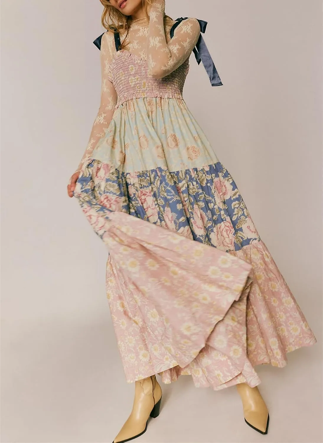Women Floral Boho Maxi Dress Tie Shoulder Flowy Swing Smocked Dress Summer Backless Long Sundress
