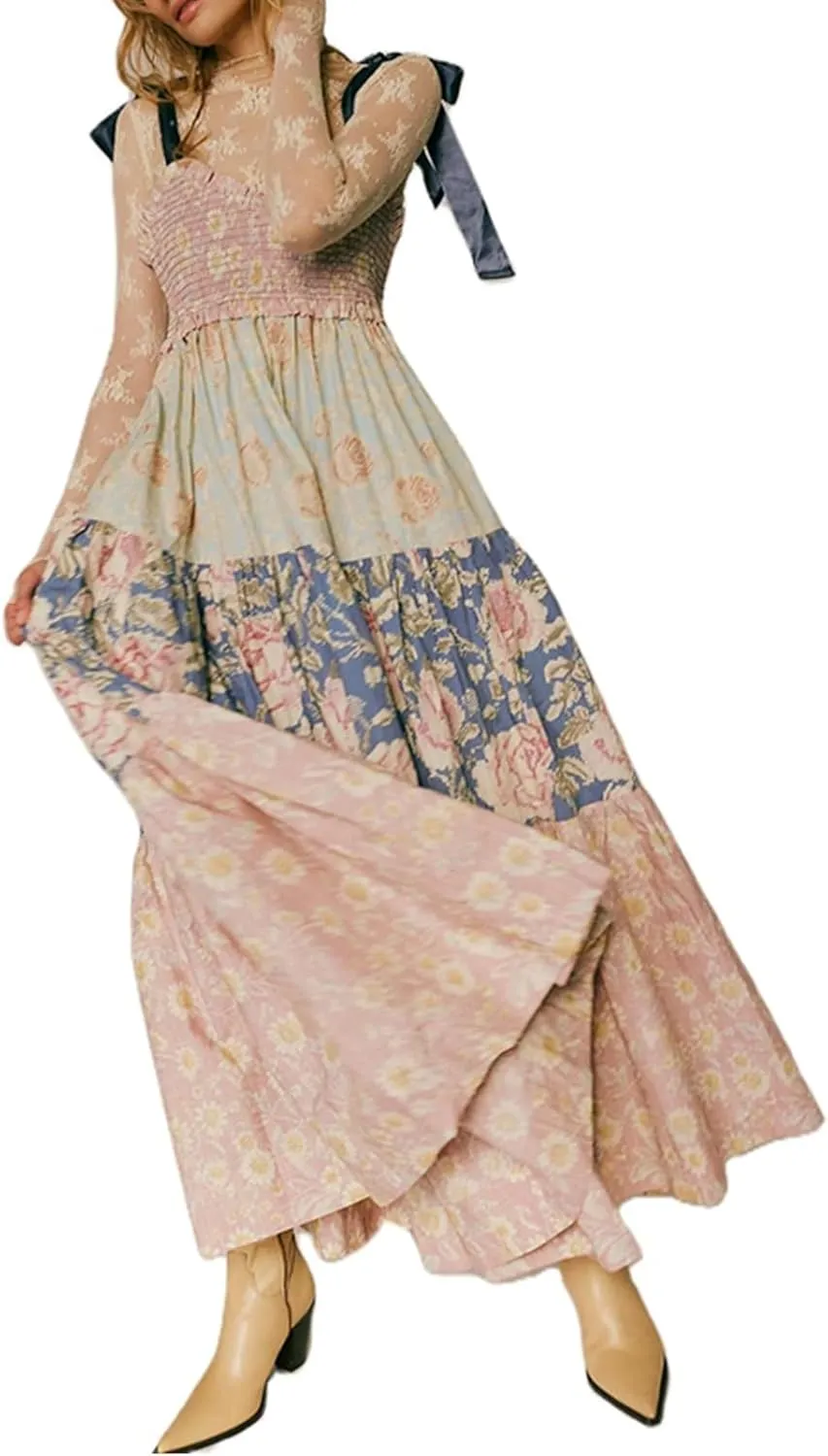 Women Floral Boho Maxi Dress Tie Shoulder Flowy Swing Smocked Dress Summer Backless Long Sundress