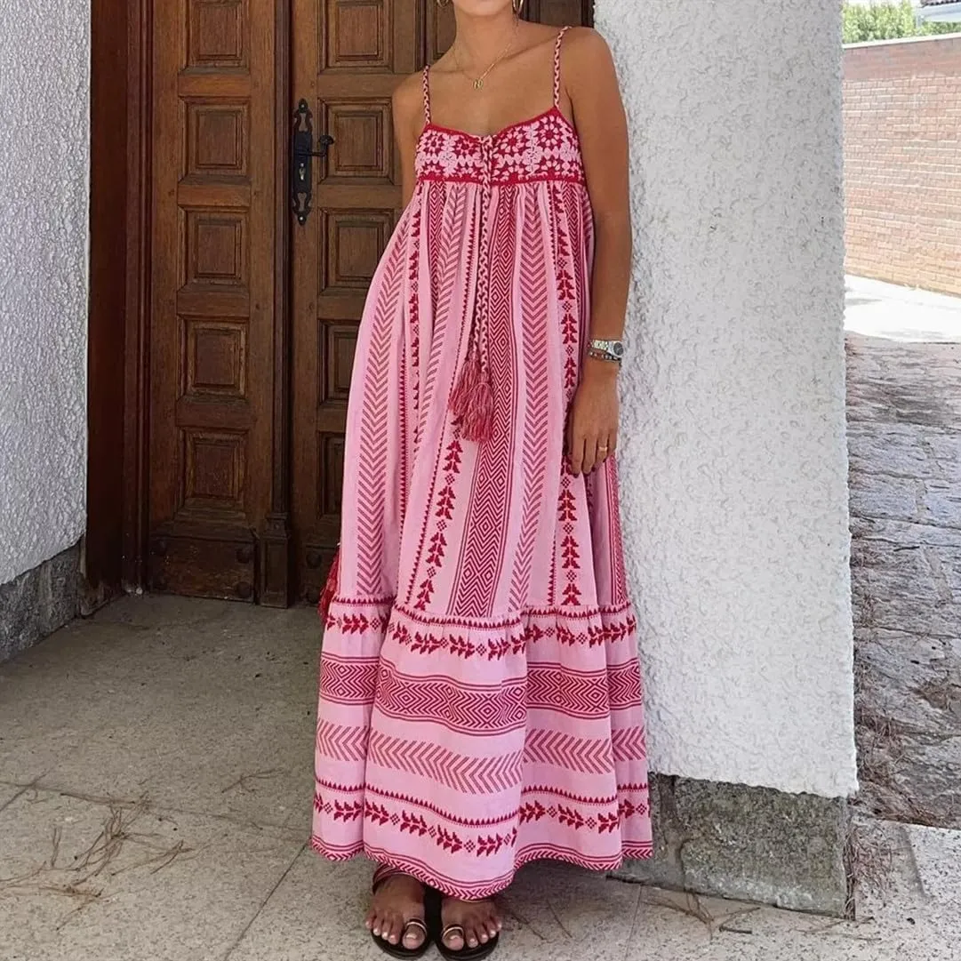 Women Floral Boho Maxi Dress Tie Shoulder Flowy Swing Smocked Dress Summer Backless Long Sundress