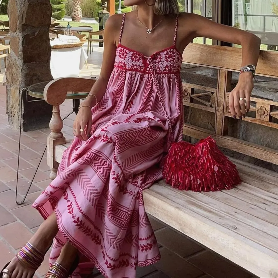 Women Floral Boho Maxi Dress Tie Shoulder Flowy Swing Smocked Dress Summer Backless Long Sundress