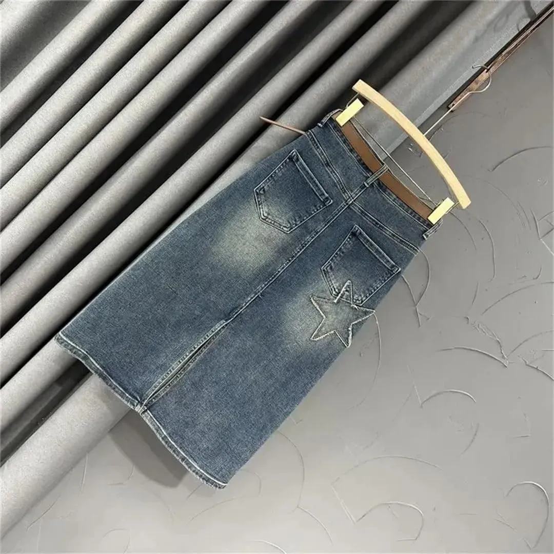 Women High Waisted A-Line Skirt for Slit Medium Length Denim Skirt Vintage Summer Fashion Skirt