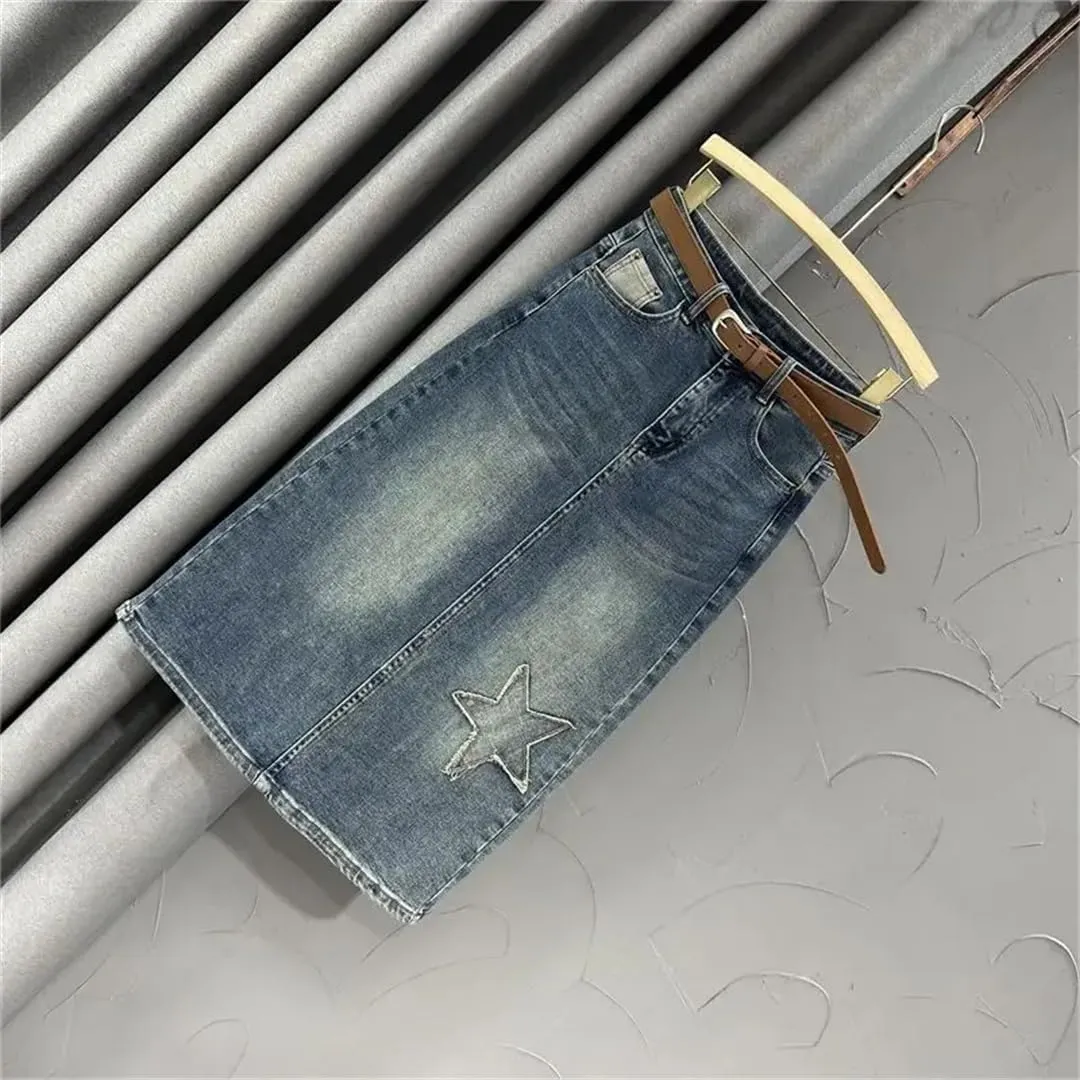 Women High Waisted A-Line Skirt for Slit Medium Length Denim Skirt Vintage Summer Fashion Skirt