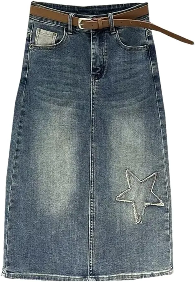 Women High Waisted A-Line Skirt for Slit Medium Length Denim Skirt Vintage Summer Fashion Skirt