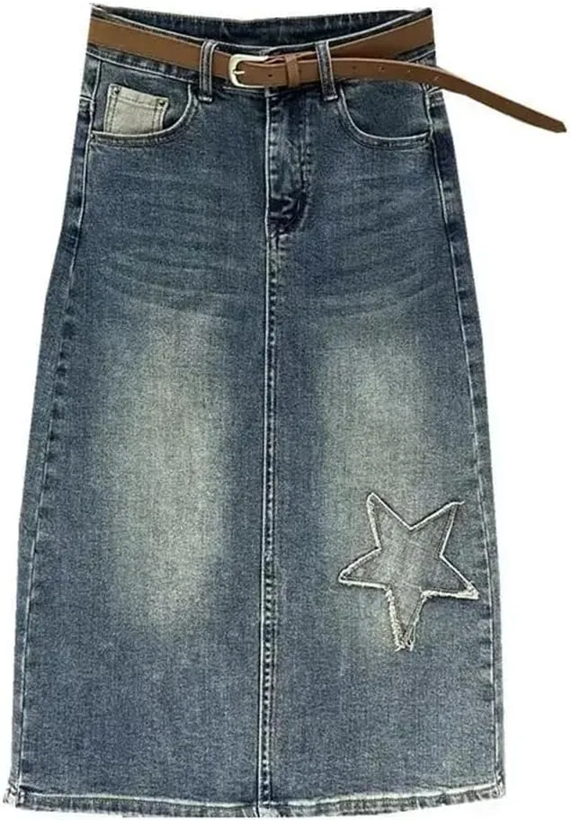 Women High Waisted A-Line Skirt for Slit Medium Length Denim Skirt Vintage Summer Fashion Skirt