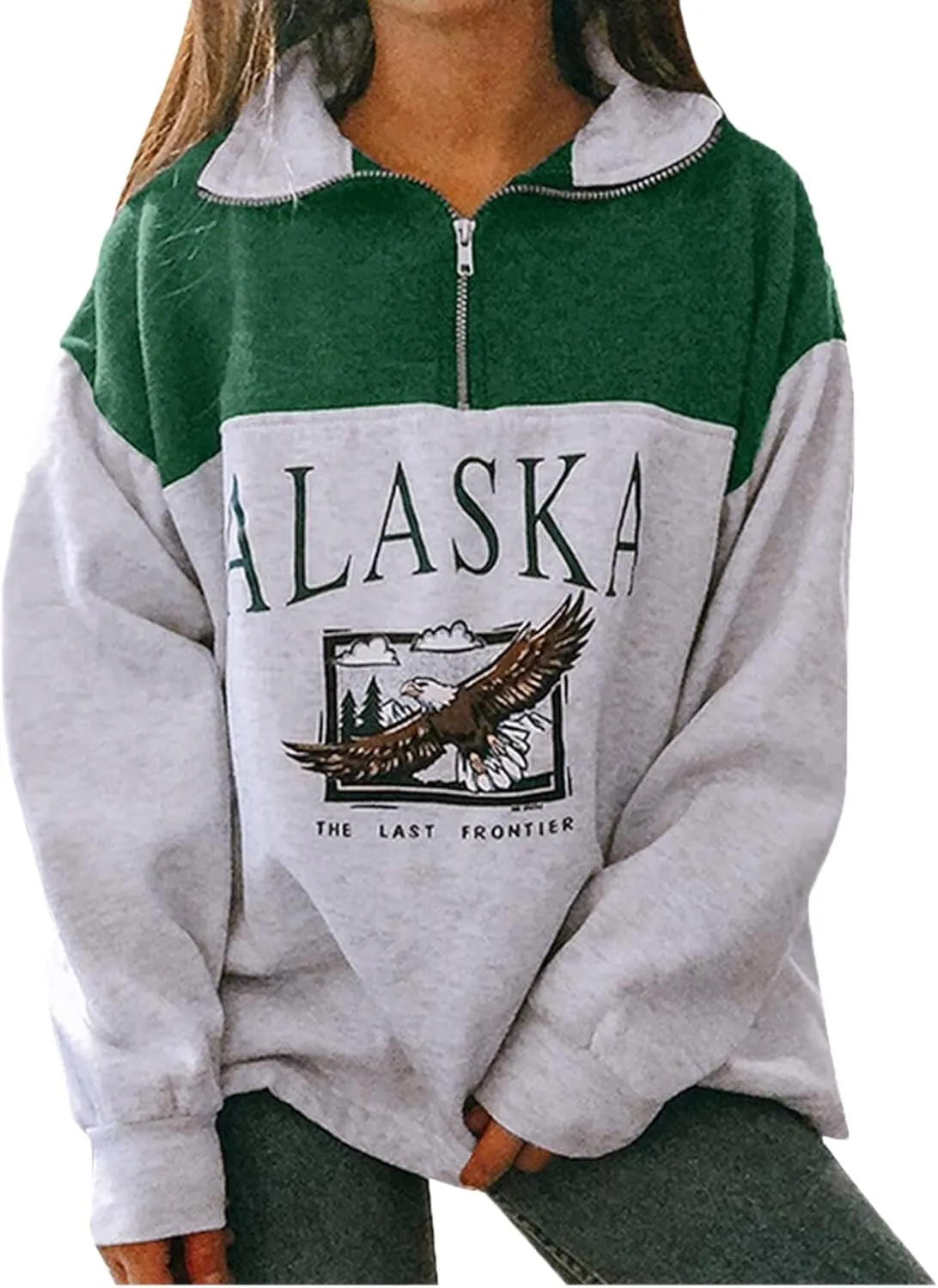 Women Novelty ALASKA Letter Print Sweatshirt Vintage Zipper Long Sleeve Loose Lapel Hoodie Pullover