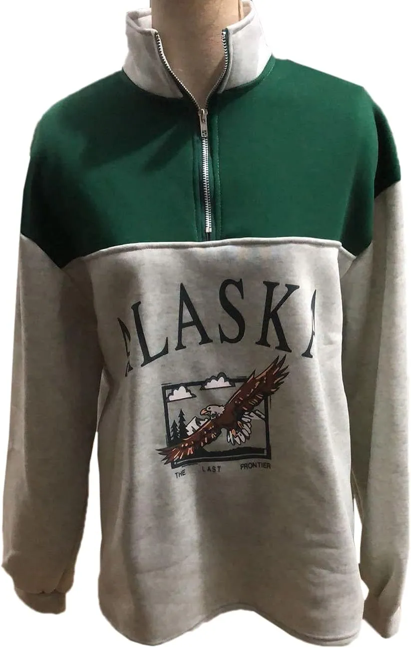 Women Novelty ALASKA Letter Print Sweatshirt Vintage Zipper Long Sleeve Loose Lapel Hoodie Pullover