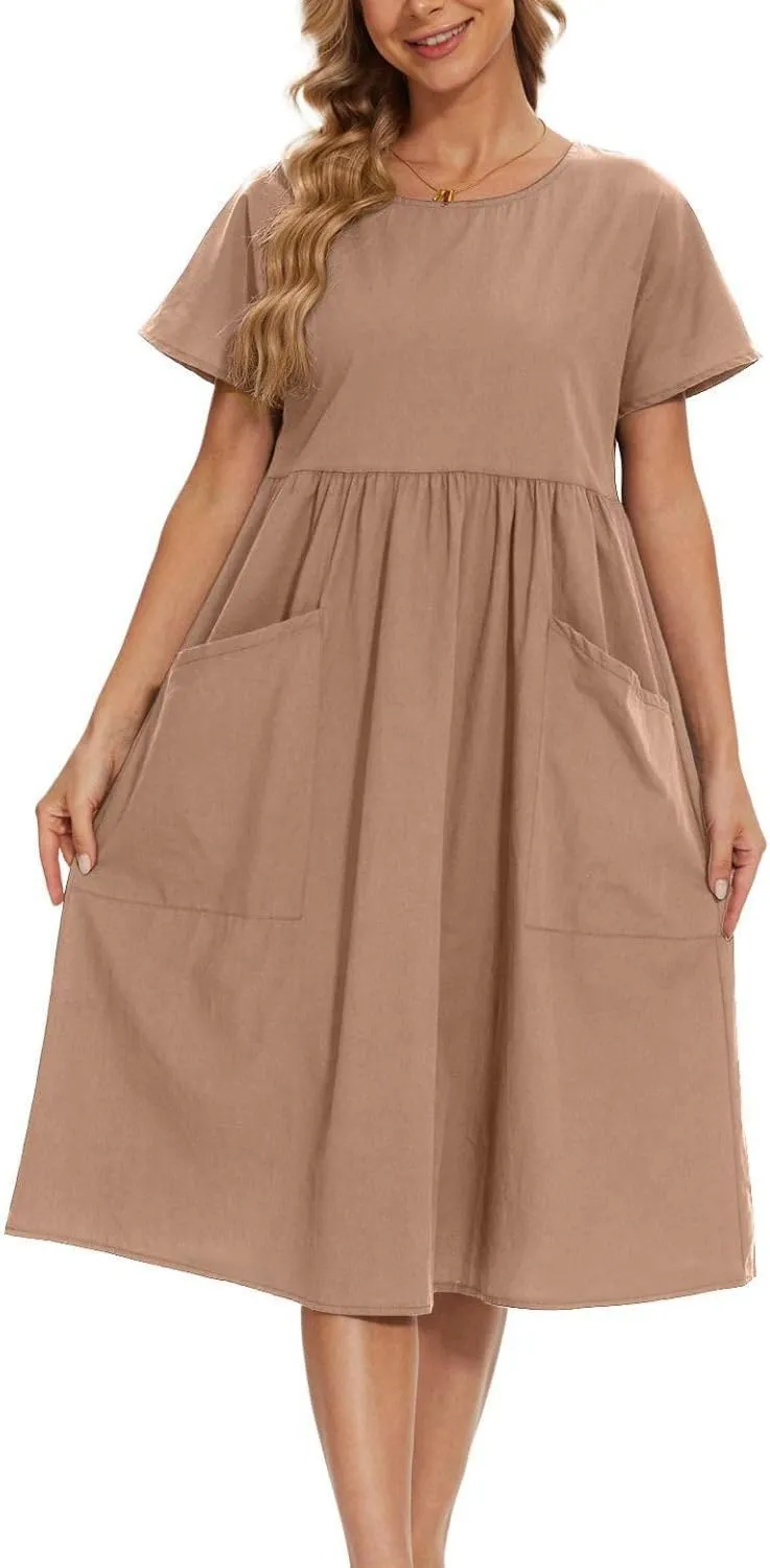 Women Oversized Dress Summer Crew Neck Short Sleeve Midi Dress Loose Casual Tunic Beach Dresses with Pockets
